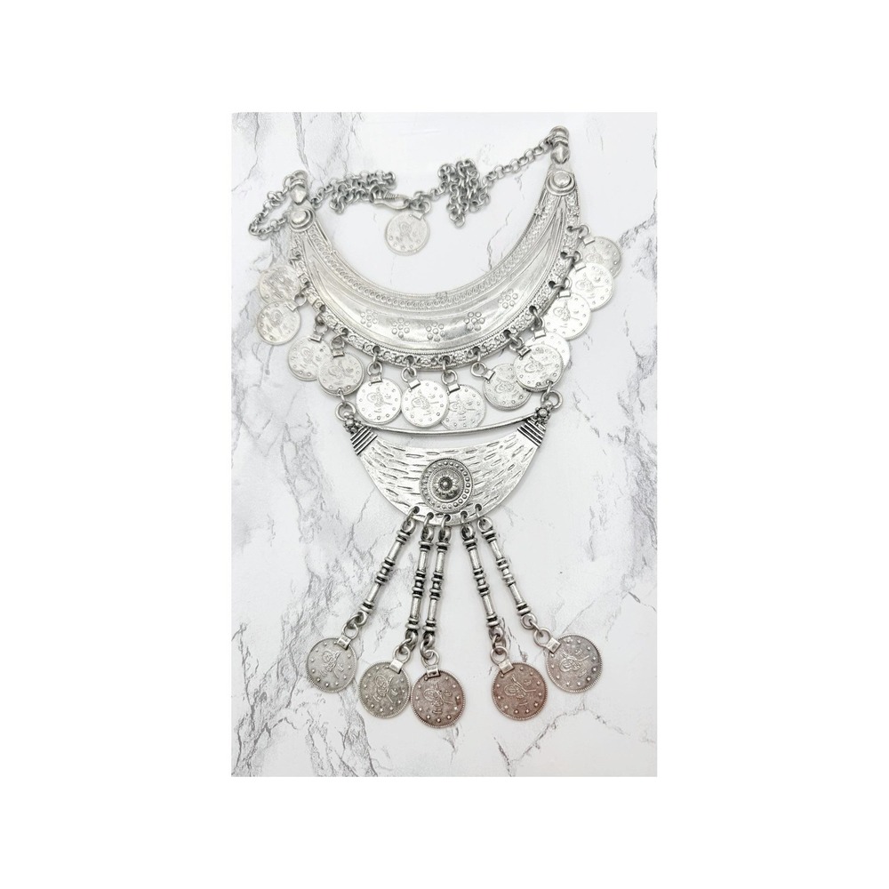 Tughra Coin Bib Necklace Silver Plated Zamak Berber Boho Statement 18"